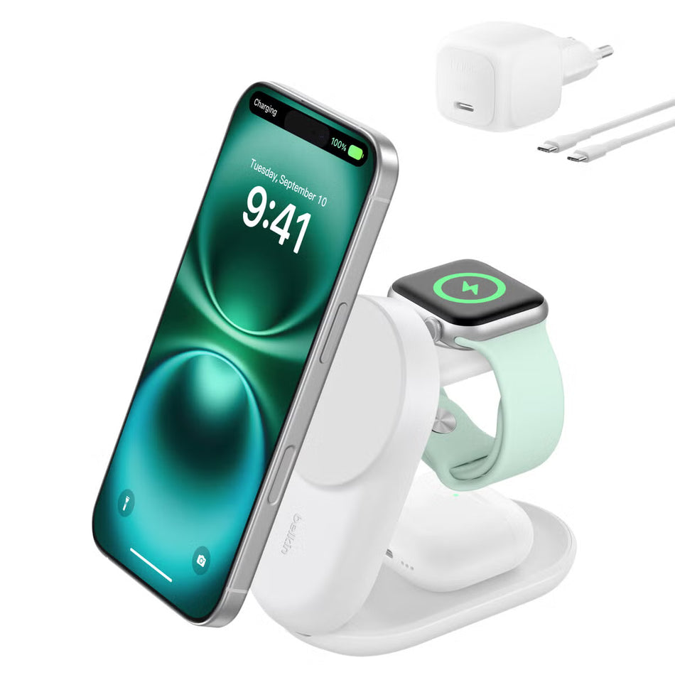 Belkin UltraCharge 3 in 1 vikbar Qi2-laddare, 25W
